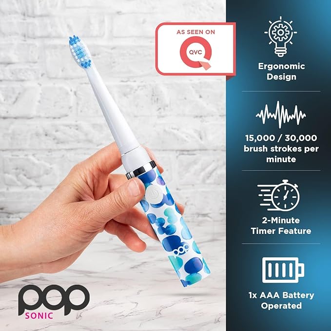 Pop Sonic Electric Toothbrush (Blue Bubbles + 4 Brush Heads) - Travel Toothbrushes w/AAA Battery | Kids Electric Toothbrushes with 2 Speed &amp 15000-30000 Strokes/Minute Dupont Nylon Bristles