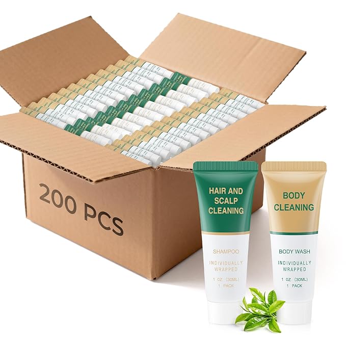 Shampoo and Body Wash BulkTravel Size Individually Wrapped Hotel Mini Shower Gel and Shampoo Small Cleansing Toiletries Amenities Men Women for Hotel/Vacation/Homeless 1 Fl Oz (Pack of 200)