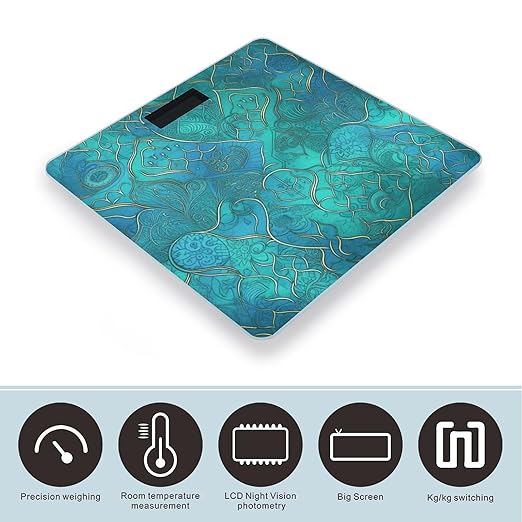 Turquoise Pattern Scale with LCD Precision Weighing Scales Sturdy Tempered Glass Weight Scales Easy-to-Read Anti-Slip Weight Digital Bathroom Scale for Daily