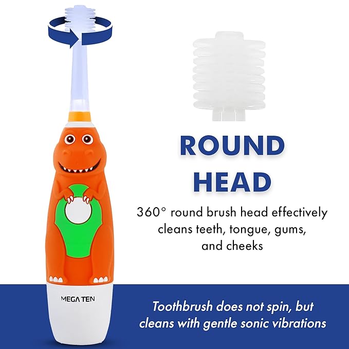Brilliant Oral Care Kids Sonic Electric Toothbrush with Soft Bristles Round Brush Head LED Light and Timer for Children Ages 5+ Dinosaur
