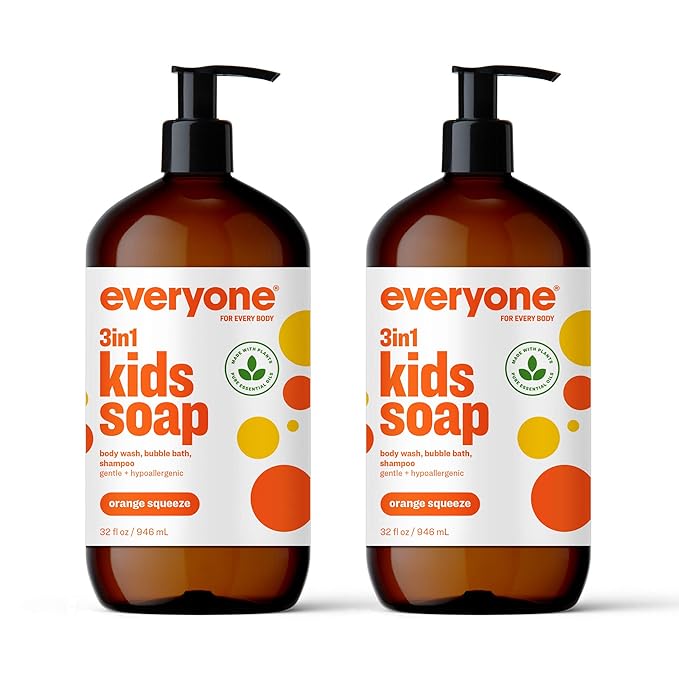 Everyone 3-in-1 Soap Body Wash Bubble Bath Shampoo 32 Ounce (Pack of 2) Unscented &amp 3-in-1 Kids Soap Body Wash Bubble Bath Shampoo 32 Ounce (Pack of 2) Orange Squeeze