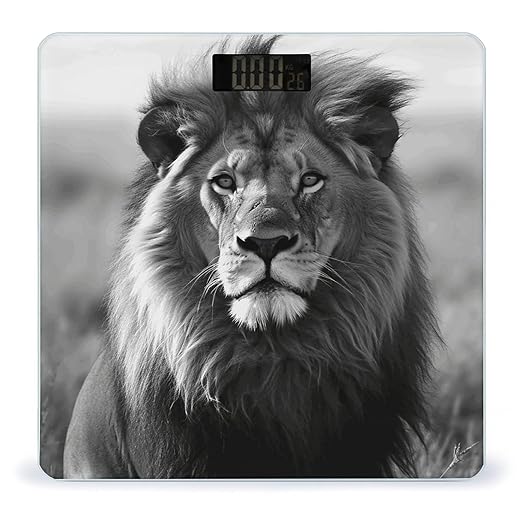 African Lion Black and White Scale for Body Weight Safe Rounded Corners Tempered Glass Digital Bathroom Scale LED Display 400lb Capacity Weight Scales with High Precision Sensors