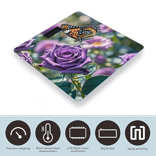 Purple Rose with Beautiful Butterfly Bathroom Scale for Body Weight Bathroom Weighing Scales with Back Lit LED Display Sturdy Tempered Glass Body Weight Bathroom Scale 400lb Weighing