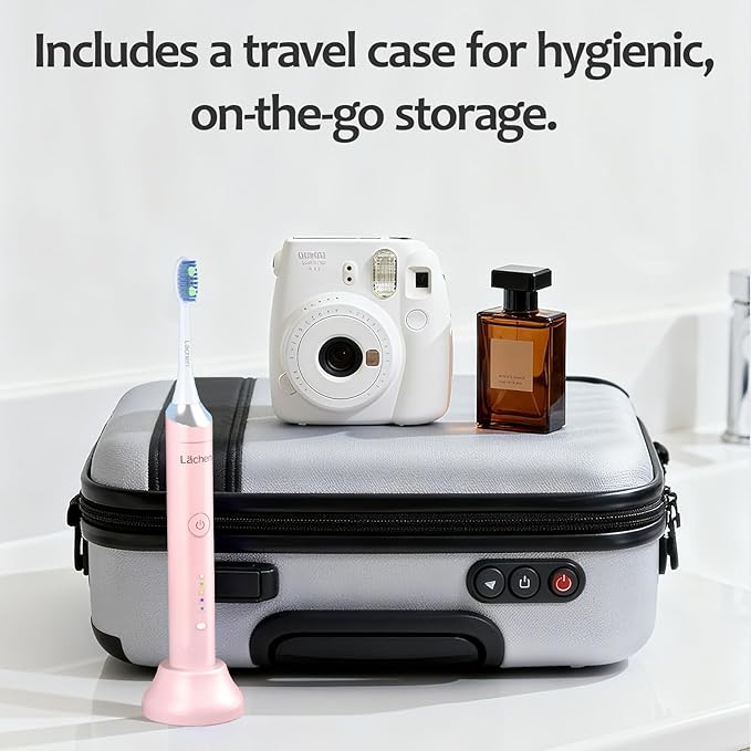 Lächen Electric Toothbrush for Adults – Sonic Rechargeable 5 Modes &amp Smart Timer Travel Case &amp Wireless Charging 4 Brush Heads IPX7 Waterproof (Pink)