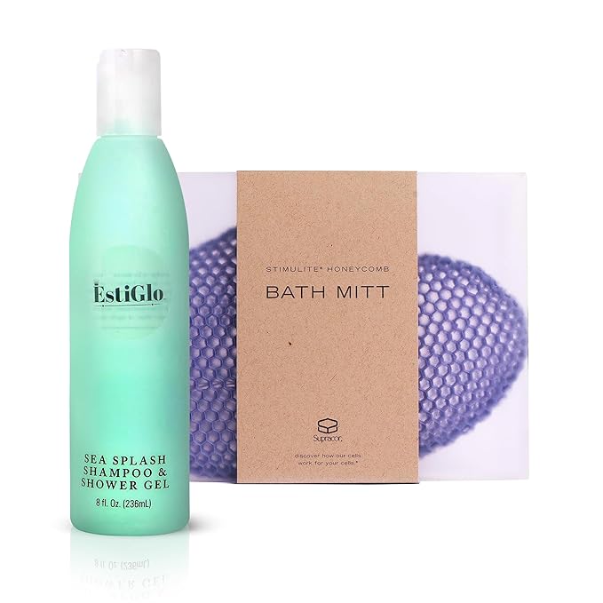 Sea Shampoo Shower Gel 8oz Bundle with Supracor Bath Mitt-Shampoo Bath Gel &amp Exfoliating Glove Dead Skin Remover for Body-Exfoliator Glove Honeycomb Face Scrubber Exfoliating Mitt for Body