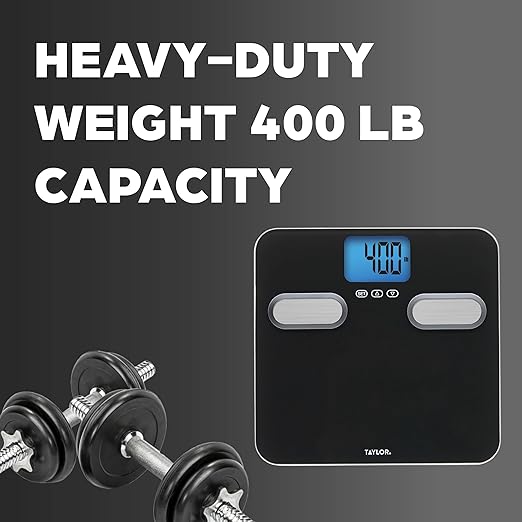 Taylor Men's Body Composition Bathroom Scale for Body Weight - 400 lb Capacity Blue Backlight Display 10-User Profiles Body Composition Analysis Fits Up to Size 12 Shoe Black