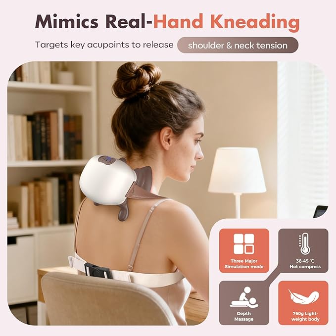 4D Neck MassagerShoulder Hot Compress Massager a wireless and portable massager that simulates human hand operationsuitable for relieving neck pain and relaxing muscleswith 3 adjustment modes.