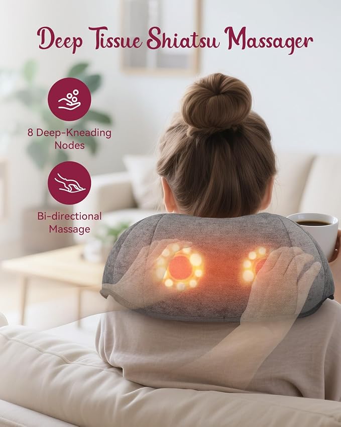 Cordless Neck Massager for Pain Relief Deep Tissue Kneading Shiatsu Neck and Shoulder Massager with HeatCordless Massager for Back and Shoulder Pain Gifts for Women Men Home Office Christmas