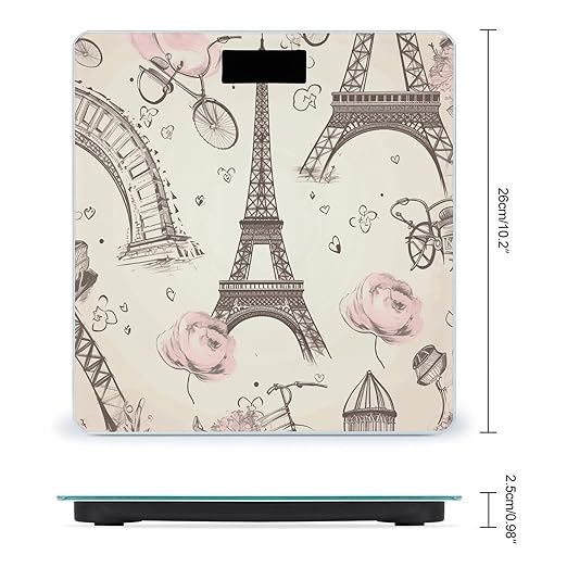 The Eiffel Tower and A Bicycle Scale for Body Weight Anti-Slip Tempered Glass Digital Bathroom Scales Clear LCD Display Weighing Scale Safe Rounded Corners Smart Scales