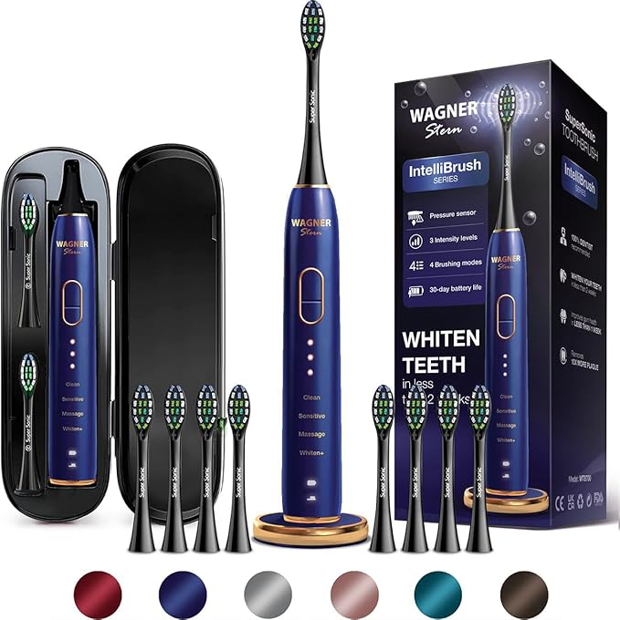 Wagner Stern IntelliBrush Series Whitening Electric Toothbrush with Pressure Sensor. Offers 4 Brushing Modes 3 intensities 8 Soft Brush Heads and a Luxury Travel case.