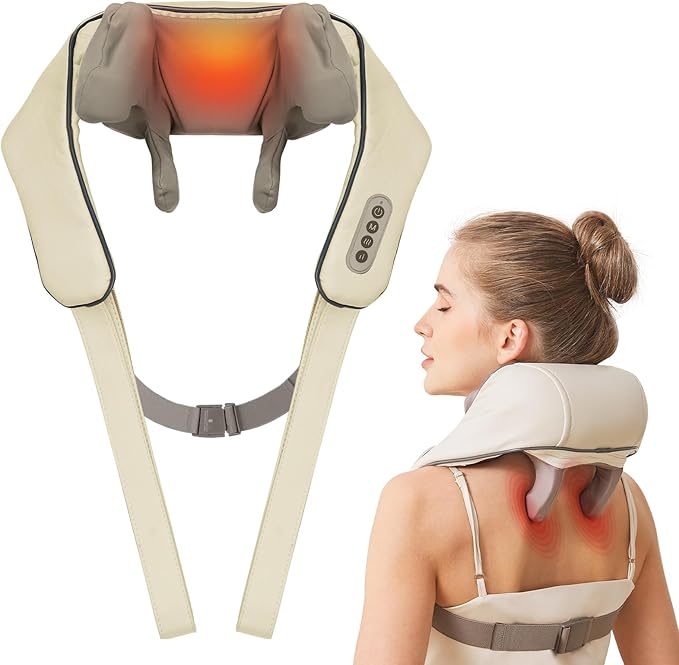 Neck Massager with Heat Cordless Neck and Shoulder Massage Rechargeable Shiatsu 6D Kneading Massager for Pain Relief Deep Tissue Gift for Mom&ampDad (Light Beige)