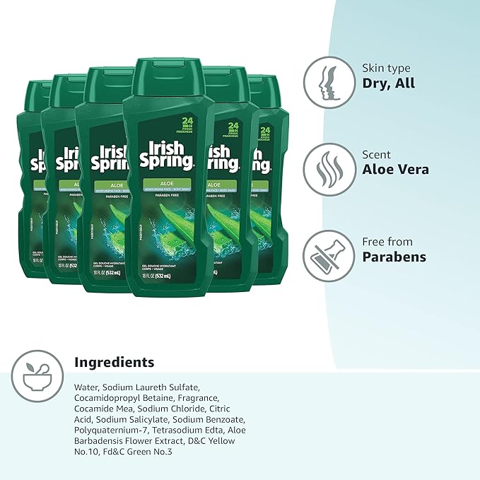 Irish Spring Men's Body Wash Shower Gel Aloe Vera - 20 fluid ounce (Pack of 6)