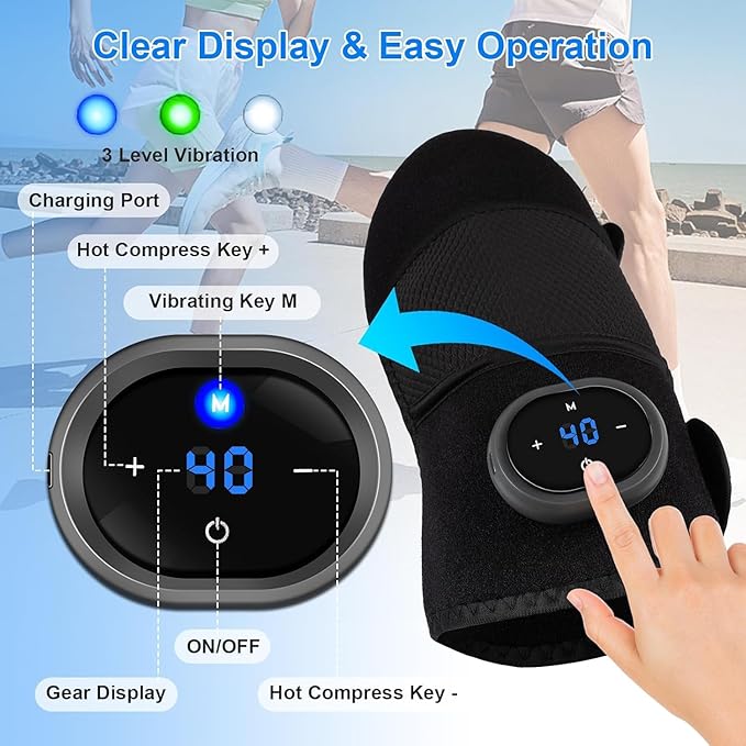 BIBIRE Knee Brace Massager with Heat Vibration Massage Pain Relief for Joints Elbow Shoulder Ligament and Muscles Injuries Two Adjustable Straps for Family Home