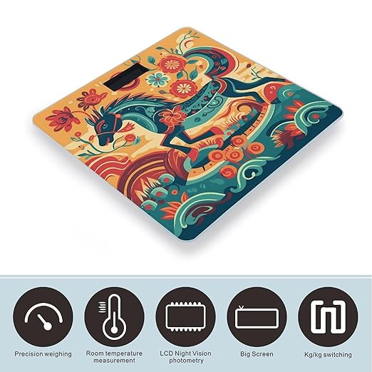 Painted Horse Scale for Body Weight Anti-Slip Sturdy Tempered Glass Weighing Machine Highly Digital Accurate Bright LCD Bathroom Scale for Household Gift