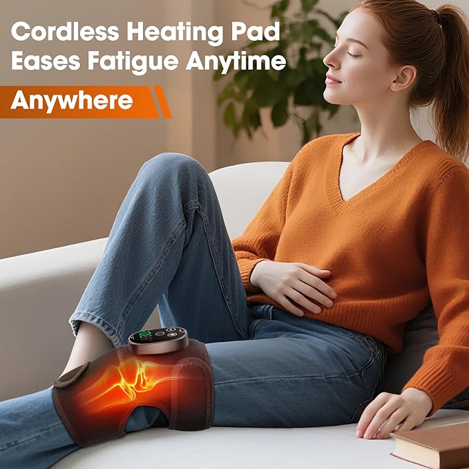 Cordless Heated Knee Massager for Pain Relief Knee Heating Pad for Knee Arthritis Heating Pad for Knee Pain 6 Heatings 3 Vibrations 3 Timers Adjustable Strap for Shoulder Elbow Knee