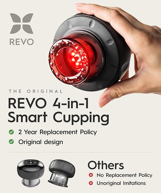 REVO The Original 4-in-1 Smart Cupping Therapy Massager Red Light Therapy for Targeted Pain Relief Knots Aches Muscle Soreness Circulation &amp Tighter Skin Portable Cupping Kit