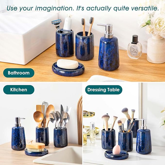 vancasso Blue Bathroom Accessories Set Ceramic Soap Dispenser and Toothbrush Holder Sets Stoneware 4 Pcs Bathroom Sink Set for Modern Home Decor Series Starry