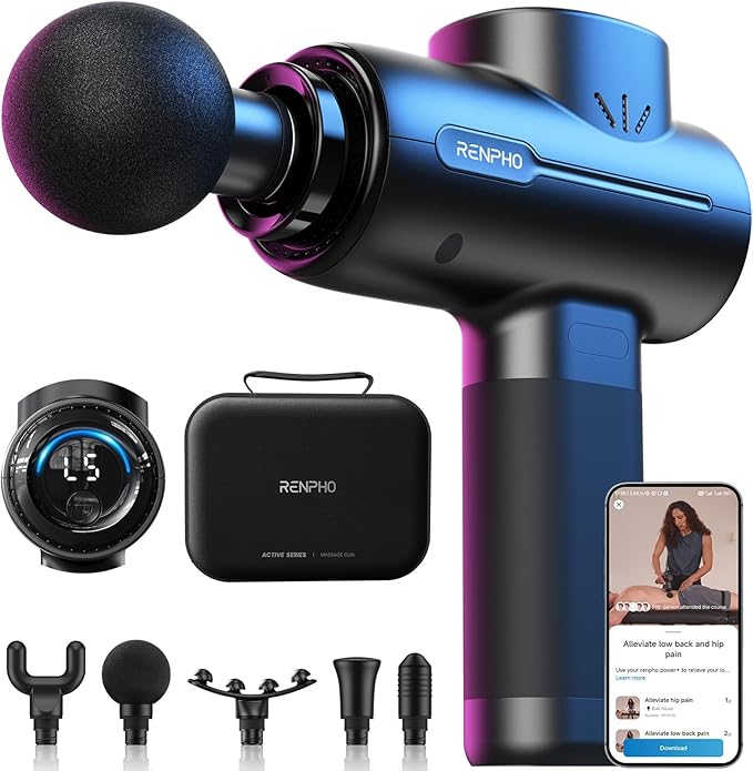 RENPHO Active+ Percussion Massage Gun - 5 Adjustable Speeds for Back Neck Muscle Recovery - App Controlled Guided Courses with Carry Case for Professional Athlete Gym and TravelBlack