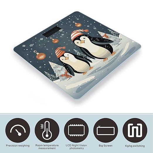 Merry Christmas Penguins Bathroom Scale Large LCD Backlight Display Digital Scale Rounded Corners Body Scales Automatic Power On/Off Bathroom Scales for Home Bedrooms