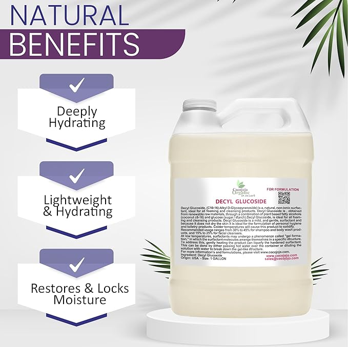 Cocojojo Decyl Glucoside Natural Surfactant - Surfactants for Soap Making Lauryl Glucoside DIY Shower Gel Skin Care Body and Face Wash Plant Derived Natural - 1 Gallon (Pack of 1)