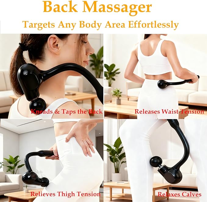 Deep Tissue Percussion Massage Gun with 12mm Penetration and 5-Speed Levels - 4 Heads and Extension Handle for Back Muscle &amp Neck/Shoulder Pain Relief - Lightweight Portable for Home Gym