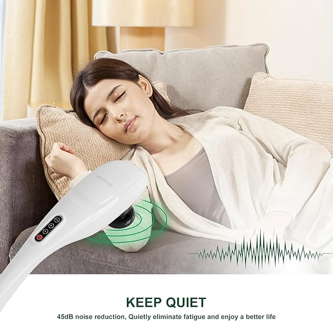 MEGAWISE Cordless Handheld Back Massager w/Rechargeable 3200mAh Battery 5 Speed and 5 +2 Massage Nodes with Hard Medium and 2 Soft Silicone Nodes Massage While Moving Around (Pearl White)
