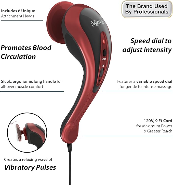 Wahl Clipper Deluxe Heated Therapy Corded Handheld Rotary Massage Kit 8 Unique Attachments for Back Neck Leg Hand Massage FSA Eligible Model 4344