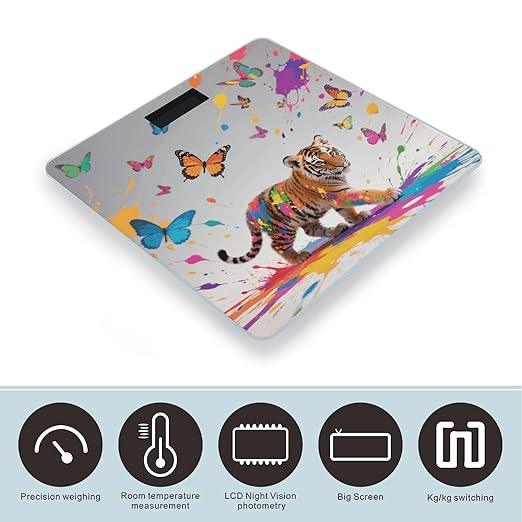 Tiger with Butterflies Weight Scale Cute Bathroom Scale for Body Highly Accurate Digital Weighing Machine for People Compact LCD Display Scales with Sturdy Toughened Glass Scales