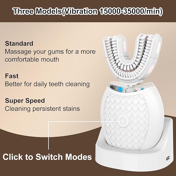 Electric U Shaped Toothbrush for Adult360 Degree Automatic Cleaning Ultrasonic Tooth Brush has 23760 Nylon Bristles and 3 Modes Standard Fast Ultra Fast(White)