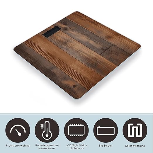 Brown Wooden Scale for Body Weight Sturdy Tempered Glass Weighing Scales with LCD Display Accurate Digital Bathroom Scale Convenient Body Fat Smart Scales Easy Read
