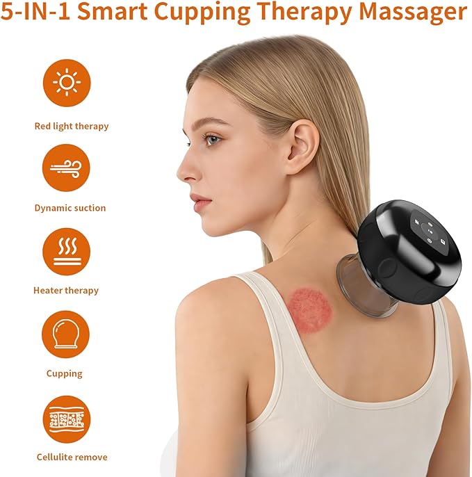 5-in-1 Smart Dynamic Cupping Therapy Massager Set 12 Levels Heat &amp Suction Cupping Kit for Massage Therapy With Red Light Therapy for Targeted Pain Relief Knots Aches Muscle Soreness(Black)