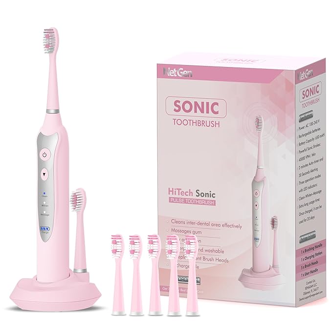 Sonic Electric Toothbrush for Adults with 5 Toothbrush Replacement Heads 3 Brushing Modes &amp 2 Minutes Built-in Timer Travel Toothbrushes with Inductive Charging Rechargeable toothbrush | Pink