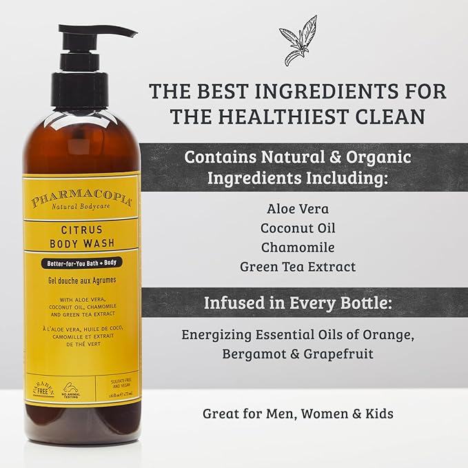 Pharmacopia Citrus Body Wash - Natural Shower Gel Moisturizing and Nourishing Body Cleanser - Infused with Organic Aloe Vera Coconut Oil and Green Tea Extract - Vegan and Cruelty-Free 16 oz