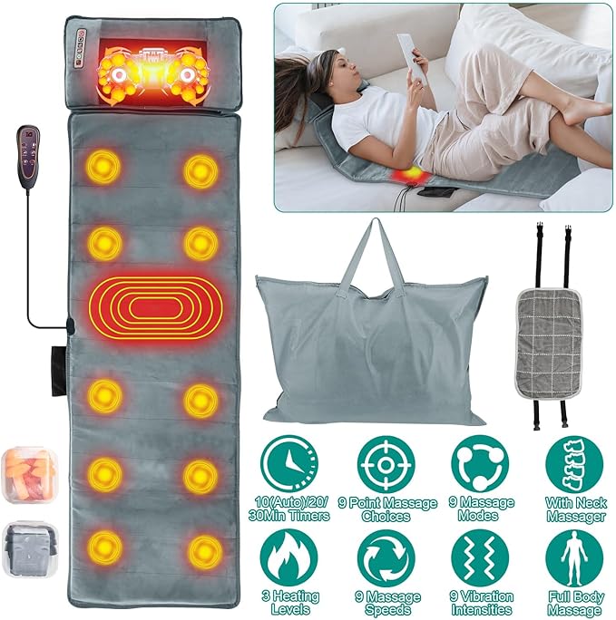 Electric Massage Mat Full Body Massage Ergonomic Vibration Mattress Chair Pad Anti-Slip Massage Cushion with Heat Massage Pad 10 Vibration Motors Timer Earplugs for Bed Chair