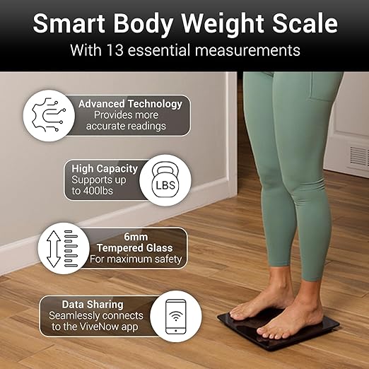 Vive Precision Smart Bathroom Scale for Body Weight (400lbs) - Digital Scale with BMI Body Fat Muscle Mass &amp 10 Extra Measurements - Accurate Home Bath Scale Easy to Read Backlit LCD Display