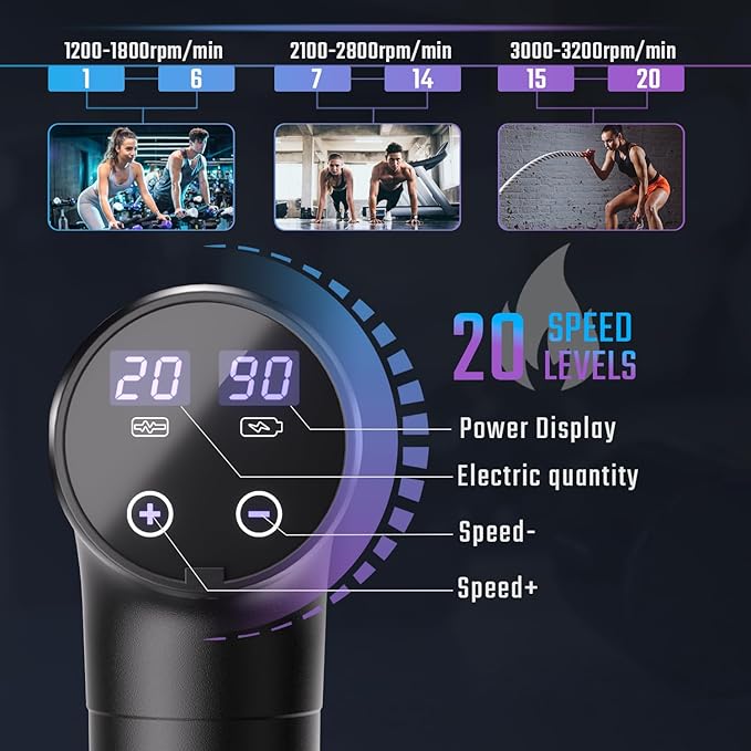 cotsoco Massage Gun Muscle Massage Gun Deep Tissue Back Massager for Pain Relief 20 Speeds Handheld Electric Massager Tool with Silent Brushless Motor Suitable for Gym Office Home Travel