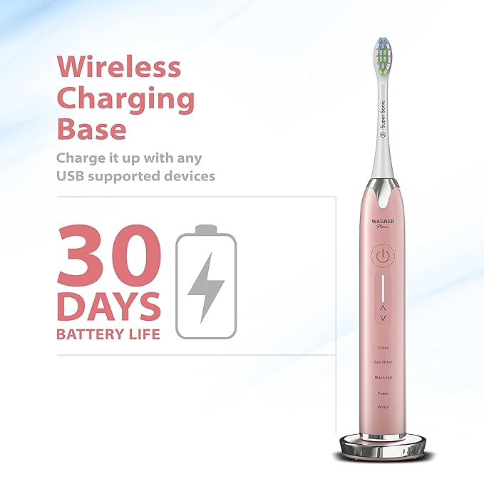 Wagner Stern Ultrasonic whitening Toothbrush with Pressure Sensor. 5 Brushing Modes and 4 Levels of Intensity 8 Soft bristles Travel case.