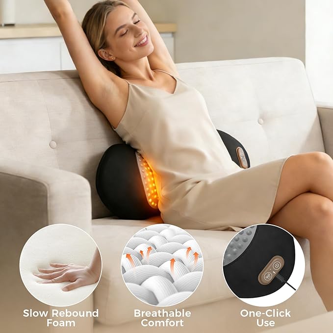 3-in-1 Electric Lumbar Support Pillow for Bed and Chair Triple Fusion Back Massager with Heat Vibration &amp Traction Designed for Lower Back Comfort and Spine Support