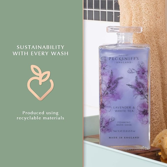 Pecksniff’s Lavender &amp White Tea Foaming Bath Soak – Luxury Bubble Bath 1L / 33.8 fl oz Made in England