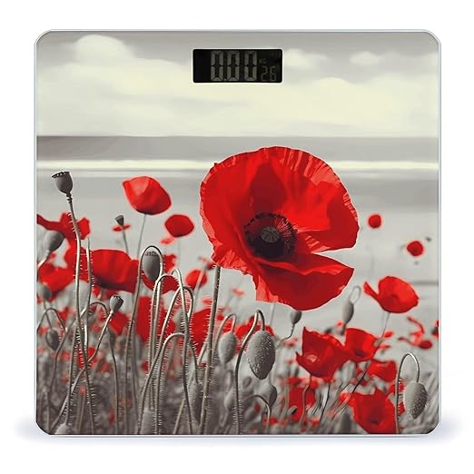 Red Poppy FlowerScale for Body Weight with LCD High Precision Weighing Scales Fashion Sturdy Tempered Glass Weight Scales Easy-to-Read Digital Bathroom Scale for Daily 400lb