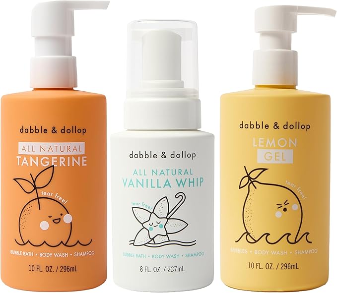 Dabble &amp Dollop Citrus Kiss Bundle Natural Bubble Bath Body Wash &amp Shampoo for Kids Paraben &amp Sulfate Free Vegan Gluten-Free Tear-Free Tangerine Vanilla Lemon (Set of 3)
