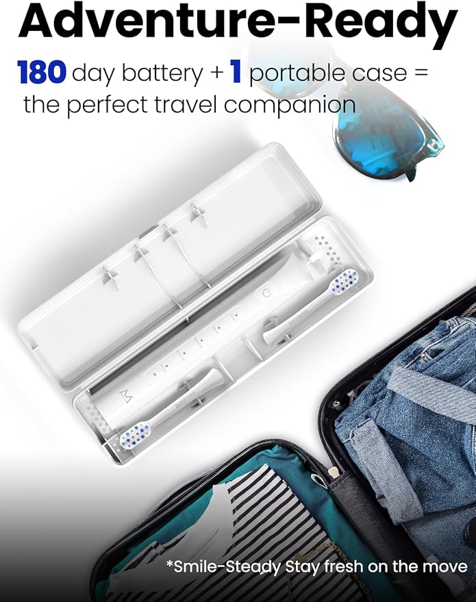 Electric Toothbrush for Adults 180 Days Battery Life Rechargeable Sonic Toothbrush with 4 Brush Heads Smart Timer 55000VPM for Deep Cleaning &amp Whitening with 5 Modes Travel Case White