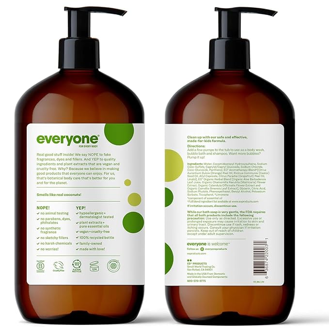 Everyone 3-in-1 Kids Soap Body Wash Bubble Bath Shampoo 32 Ounce (Pack of 4) Tropical Coconut Coconut Cleanser with Plant Extracts and Pure Essential Oils