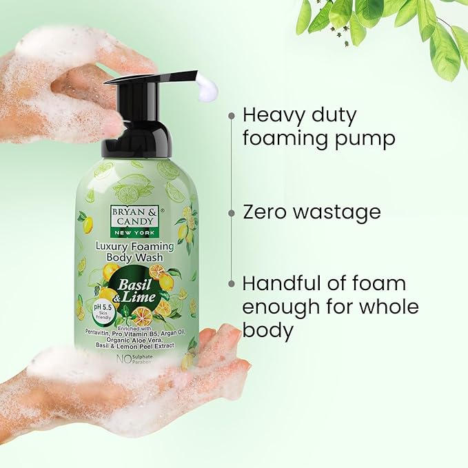 Luxury Foaming Body Wash with PentavitinPro Vit B5Argan OilAloe Vera Skin Friendly pH 5.5 All Skin Types 400 Ml (Basil &amp Lime)