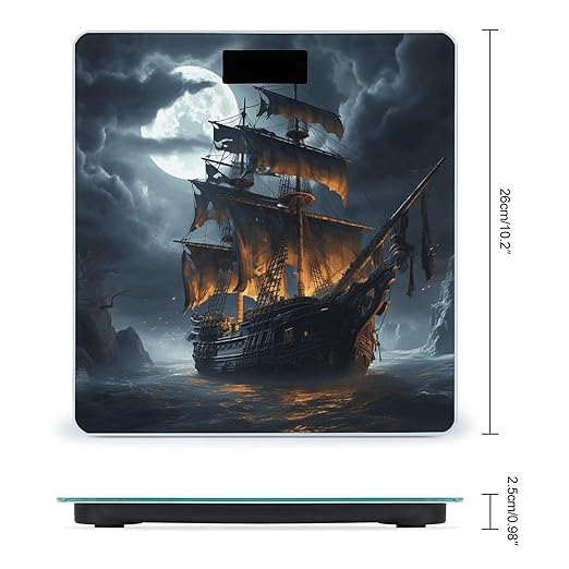 Pirate Sailboat Full Moon Bathroom Scale Automatic Power On/Off Body Scales LCD Backlight Display Square Digital Scale Rounded Corners Bathroom Scales for Home Bedrooms