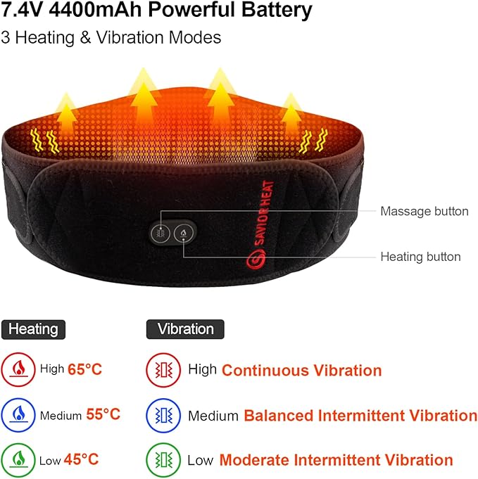 Heating Pad Lower Back Massager Wrap for Back Pain Relief Heated Waist Belt with Vibration Massage 7.4V 4400mah Battery Heat Therapy for Lower Back Lumbar Waist Abdominal Stomach Spine (Small)