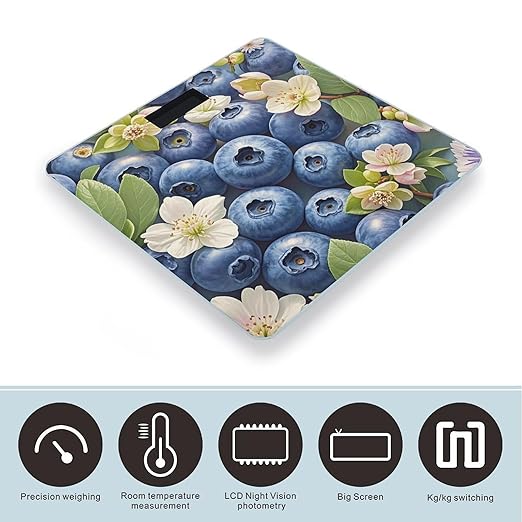 Blue Fruit Pattern Bathroom Scale for Body Weight Bathroom Weighing Scales with Back Lit LED Display Sturdy Tempered Glass Body Weight Bathroom Scale 400lb Weighing
