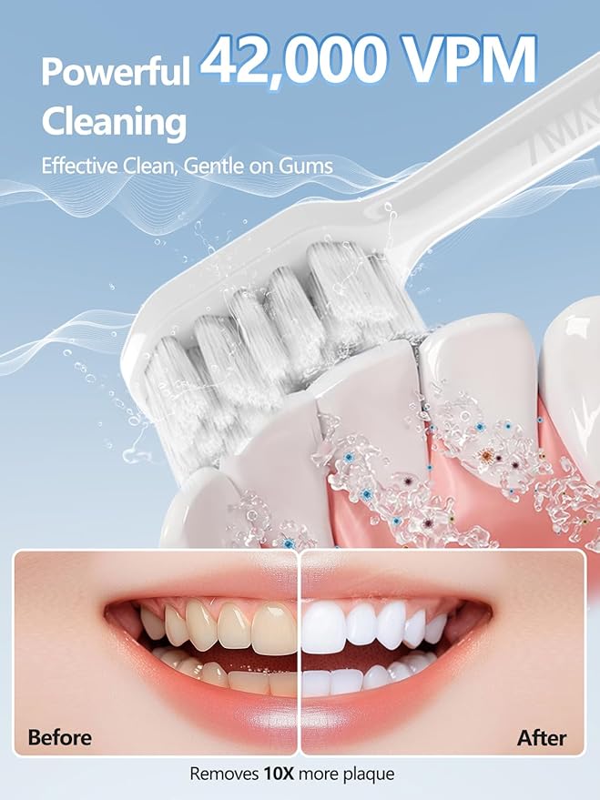 7MAGIC White Sonic Electric Toothbrush Bundle with Genuine Brush Heads for Deep Cleaning 2-Pack