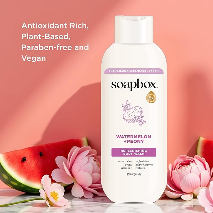 Soapbox Body Wash Watermelon + Peony Body Wash for Women Men Vegan &amp Antioxidant Rich Exfoliating Moisturizing Soap with Shea Butter Peptides &amp Keratin Promoting B3 3 Pack 20oz Each