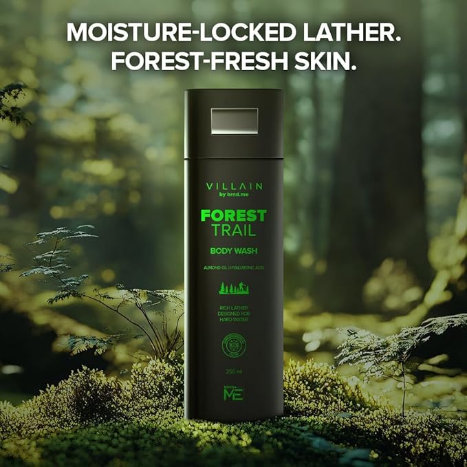 Villain Forest trail Body Wash Infused with Hard Water Softener Shower Gel for Men Hyaluronic Acid Almond Oil Vitamin E Hydrating and Moisturizing Skin Friendly Paraben Free Vegan Body Cleanser